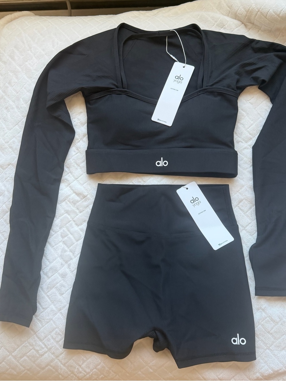 ALO Yoga Black Ribbed Long Sleeve Crop Top & High-Waist Bike Shorts Set